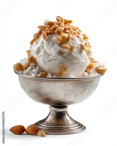 Delicious vanilla ice cream topped with crunchy nuts in an elegant silver bowl, perfect for dessert lovers and culinary enthusiasts.
