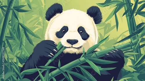 Cute panda bear enjoying a meal of bamboo.
