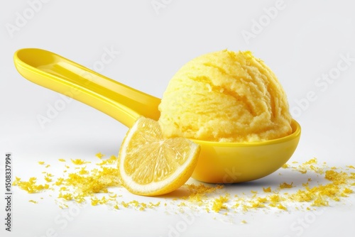 A refreshing scoop of lemon sorbet served in a yellow scoop, garnished with a slice of lemon, perfect for summer treats.