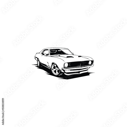 Vector art of Classic muscle car illustration isolated on white background in black and white style