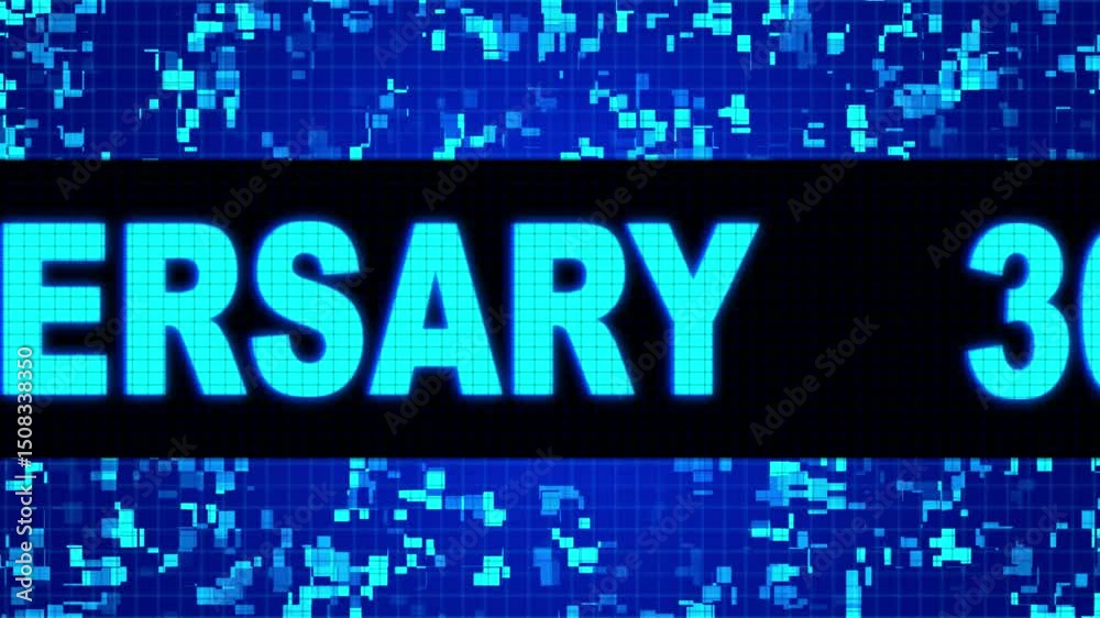 30th Anniversary Front Text Scrolling on Light Blue Digital LED Display Board Pixel Light Screen Looped Animation 4K Background. Sign Board , Blinking Light,  Alpha Channel.