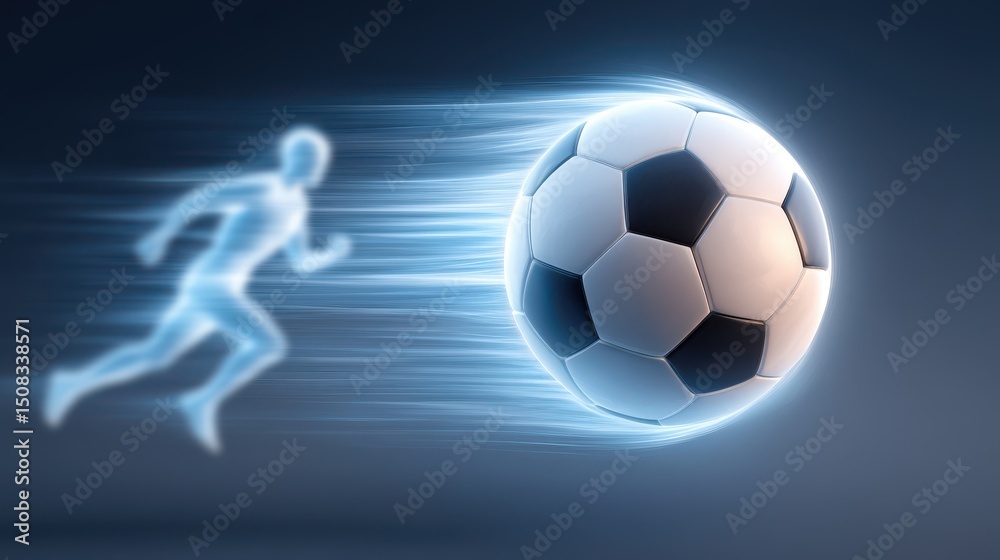 Obraz premium A football floating in the air with beautiful colorful lighting. A footballer kicking the ball forward. A football match.