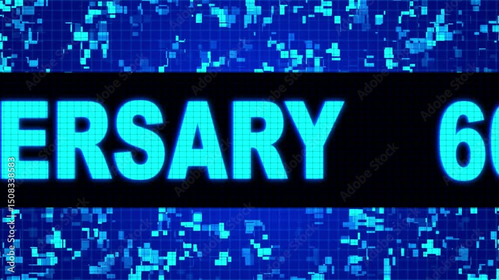 60th Anniversary Front Text Scrolling on Light Blue Digital LED Display Board Pixel Light Screen Looped Animation 4K Background. Sign Board , Blinking Light,  Alpha Channel.
