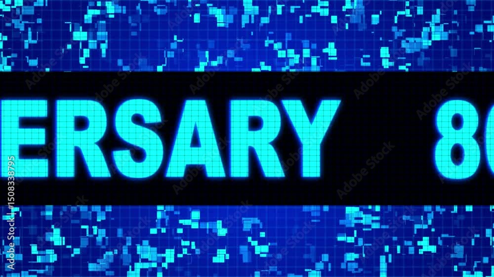 80th Anniversary Front Text Scrolling on Light Blue Digital LED Display Board Pixel Light Screen Looped Animation 4K Background. Sign Board , Blinking Light,  Alpha Channel.