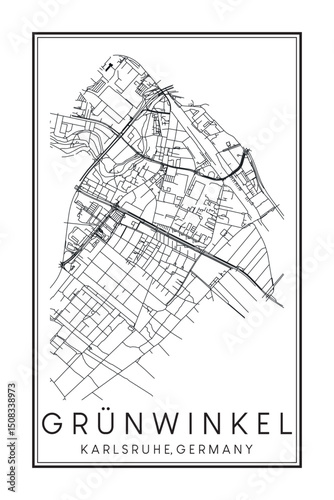 Hand drawn printable downtown road map poster of borough GRÜNWINKEL of the German city of KARLSRUHE on solid white background with city name