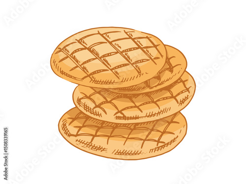 Hand drawn vintage sketch of stack of flatbreads with crosshatch pattern or homemade cookies  in color and monochrome version, vector illustration