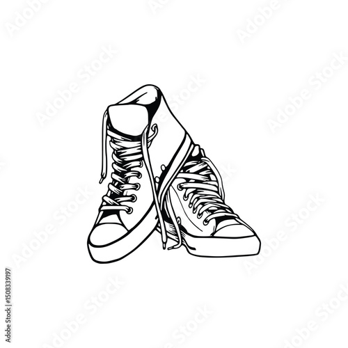 Vector art of Pair of canvas high-top sneakers isolated on white background in black and white