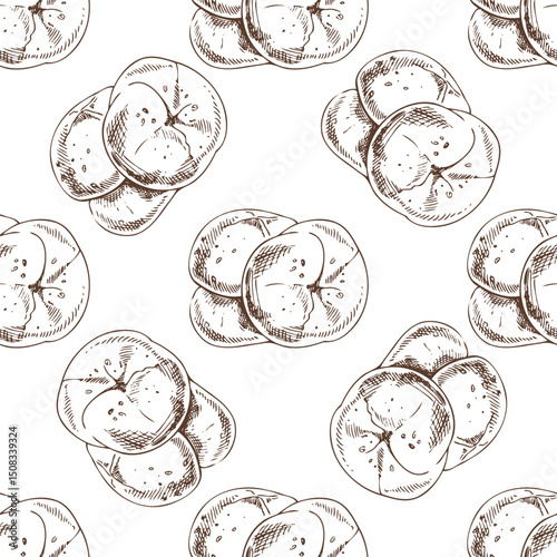Hand drawn vintage seamless pattern of round bread rolls with sesame seeds in brown ink engraving style