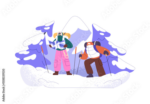 Tourists navigate with map in winter travel. Hikers look for route during hiking. People with backpacks search for destination while snow mountain climbing. Flat isolated vector illustration on white