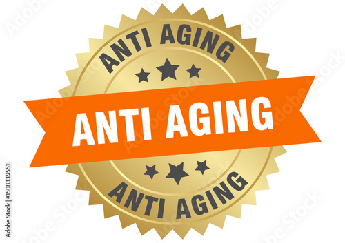 anti aging. anti aging round orange and gold label isolated on transparent background