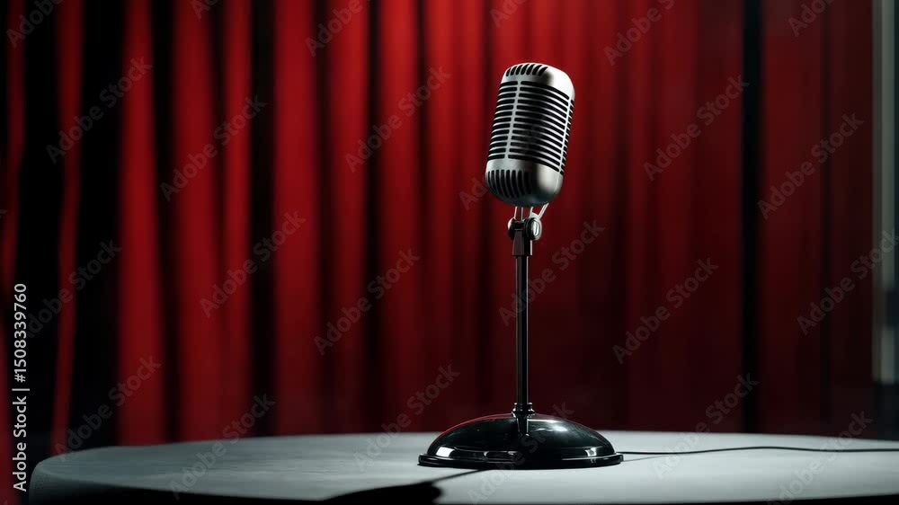 vintage microphone on a table over red velvet curtain