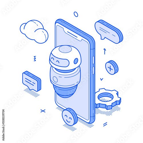 Virtual assistant chatbot robotic AI support smartphone application minimalist isometric vector illustration. Artificial intelligence cyberspace network robot automated technology web communication