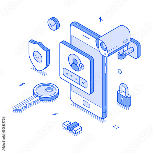 Smartphone user account security personal data information protect minimalist isometric vector illustration. Mobile phone identification authentication network privacy verification secure control