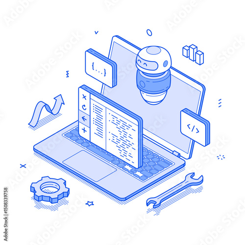 Artificial intelligence software development coding programming minimalist isometric vector illustration. AI chatbot robotic program code assistant automation service machine digital technology
