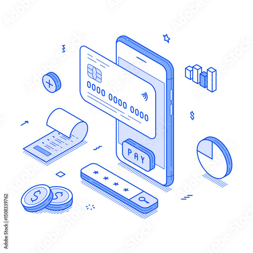 Online banking smartphone application financial cashless transaction minimalist isometric vector illustration. Internet bank finance e money payment transfer commercial retail mobile phone app