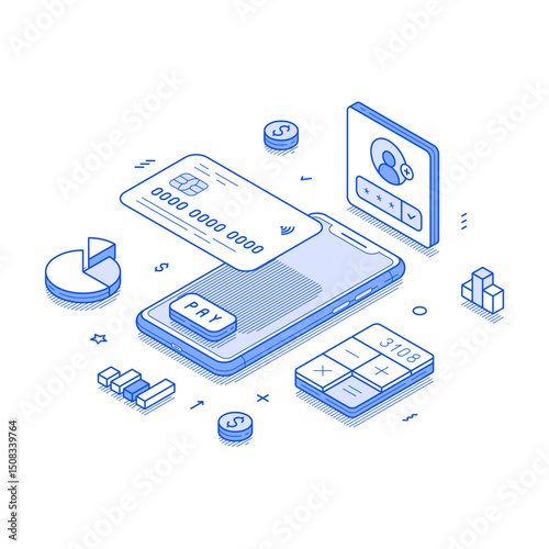 Online banking financial user account smartphone application minimalist isometric vector illustration. Internet finance bank shopping payment e money cashless transaction mobile phone app