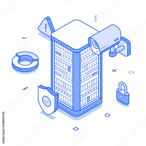 Big data secure analyzing cloud computing network digital information minimalist isometric vector illustration. Encryption database protection technology privacy internet connection monitoring