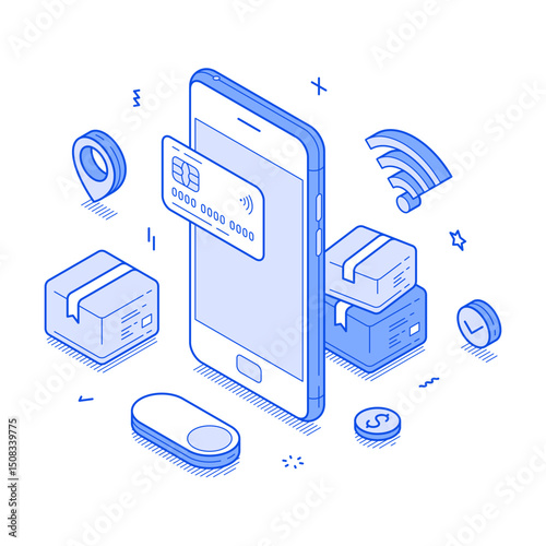 Online shopping order delivery smartphone payment application minimalist isometric vector illustration. Internet store shop marketplace goods purchase buying mobile phone app e business technology