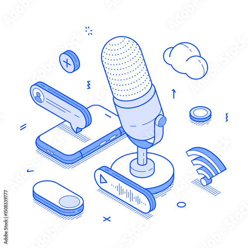Podcast content creating audio radio internet interview minimalist isometric vector illustration. Online broadcasting media blog vlog social network live streaming microphone discussing communication