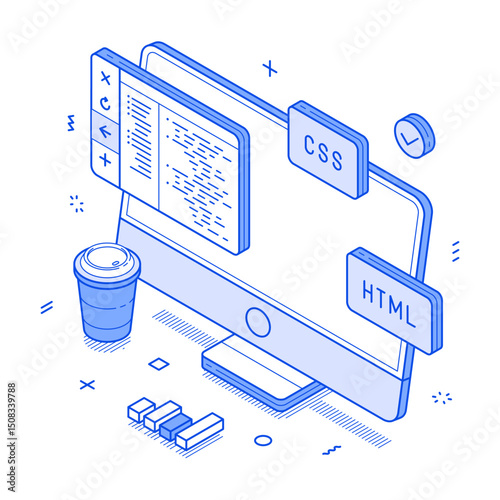 Computer soft development code testing programming minimalist isometric vector illustration. Program coding computing interface network management script web system digital technology
