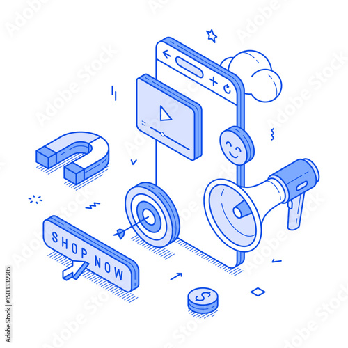 Social media marketing internet network promotion smartphone application minimalist isometric vector illustration. SMM video blog vlog content online advertising efficiency productivity optimization