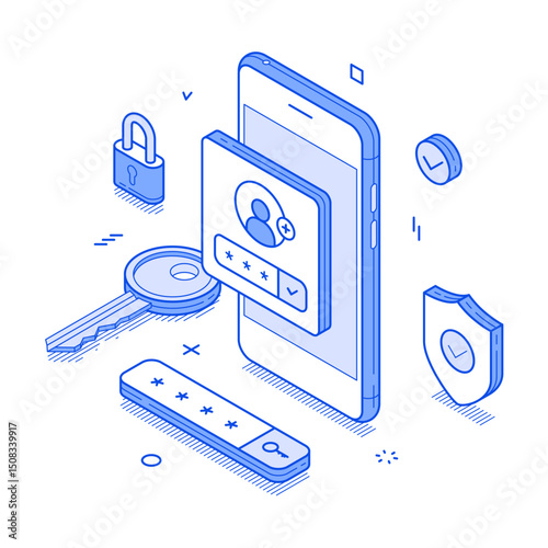 Smartphone account privacy protection user authentication app minimalist isometric vector illustration. Mobile phone application security information safety data identification password access