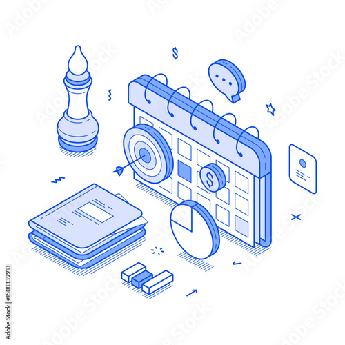 Time management business planning schedule agenda reminder minimalist isometric vector illustration. Productivity and efficiency work calendar deadline control work process organization