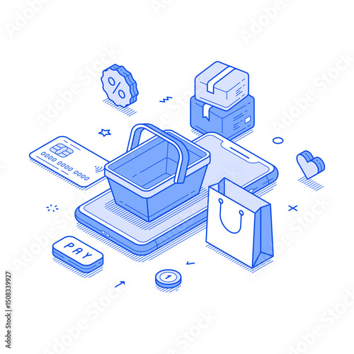Online shopping marketplace order smartphone application minimalist isometric vector illustration. Internet shop store grocery buying purchase delivery mobile phone app web digital technology
