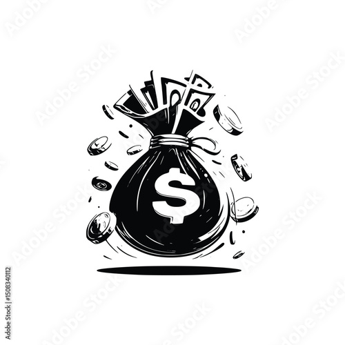 Vector art of Money bag with dollar sign and coins isolated on white background in black and white