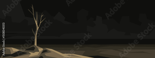 Abstract desert landscape with a lonely tree and mountains for web design. Vector illustration in minimalist flat style with geometric shapes and earth tones