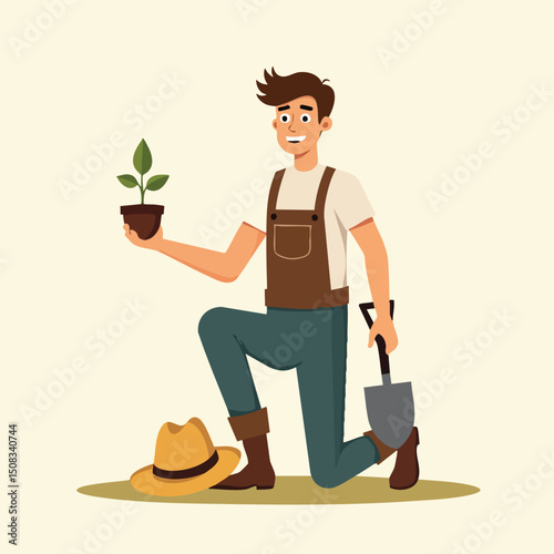 Cartoon Farmer Holding Small Plant – Agriculture Character Illustration