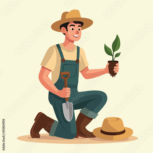 Smiling Farmer Holding Young Plant – Eco Farming Character Design