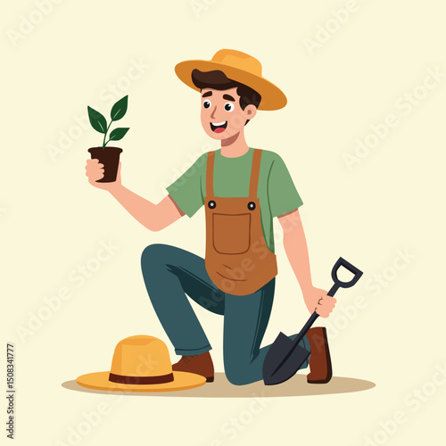 Male Gardener Sitting with Sprout – Farming and Nature Concept Art