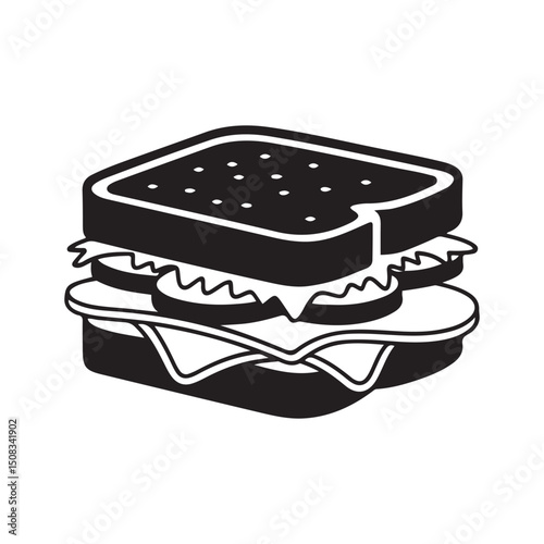 Sandwich with meat, lettuce and tomatoes line art vector icon for food apps and websites. Vector black silhouette. with white background