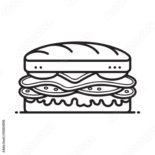 Sandwich with meat, lettuce and tomatoes line art vector icon for food apps and websites. Vector black silhouette. with white background