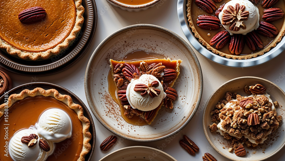 Fototapeta premium Assorted Thanksgiving Pies with Ice Cream and Pecans