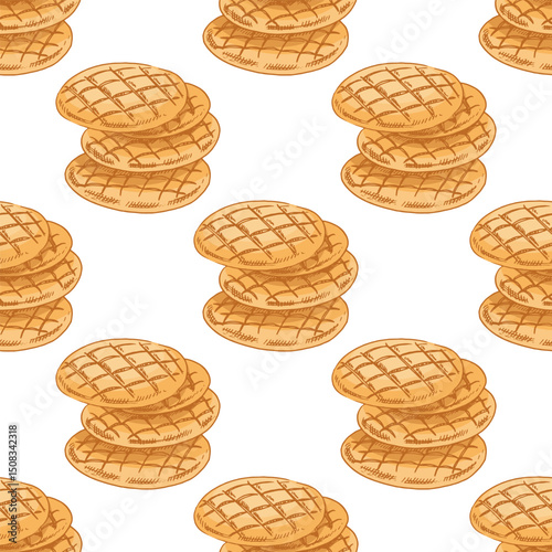 Hand drawn vintage seamless pattern of stacked round flatbreads or homemade cookies in sketch engraving style, color and monochrome version
