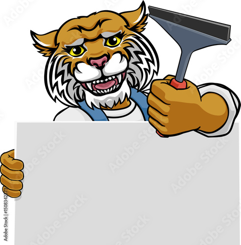 A wildcat window cleaner or car wash cleaning cartoon mascot man holding a squeegee washing tool