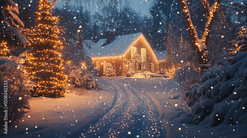 A snow covered house and trees decorated with christmas lights during a winter snowfall scene view