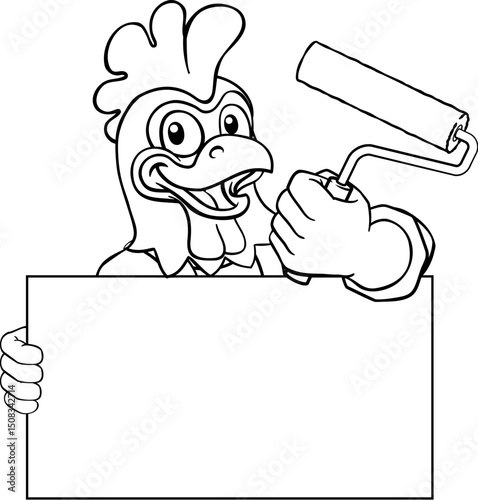 A chicken or rooster painter decorator handyman cartoon construction man mascot character holding a paint roller tool