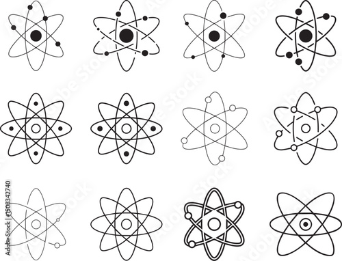 Atom Symbol Collection with Orbiting Electrons – Science Icons Set, Electron Orbit and Atom Line Art Illustrations, Vector Atom Icons Set for Science and Education, Atomic Structure Icons and Science