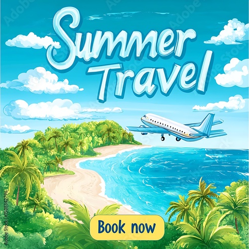 Tropical island paradise with airplane in the sky.