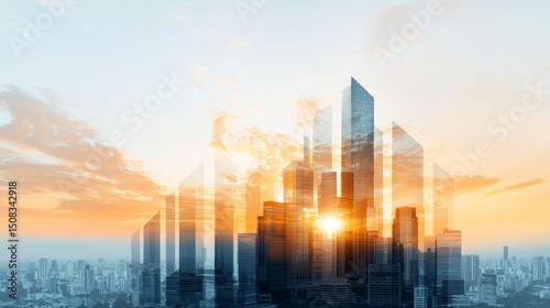 Modern Office Skyline at Sunrise with Abstract Layered Effect