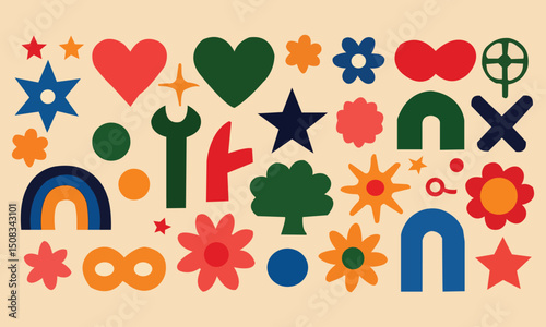 Groovy retro shapes. Abstract 70s 80s pop art style abstract figures, funky geometric hippie elements, Y2K retro badges for poster logo design. Vector