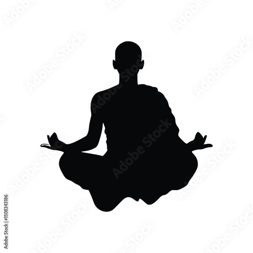 Vector art of Silhouette of a monk meditating in lotus position isolated on white background