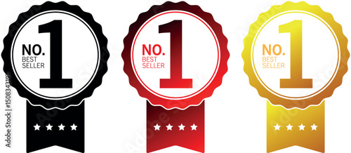 Three no.1 best seller award ribbon badges in black, red, and gold with star and crown design	