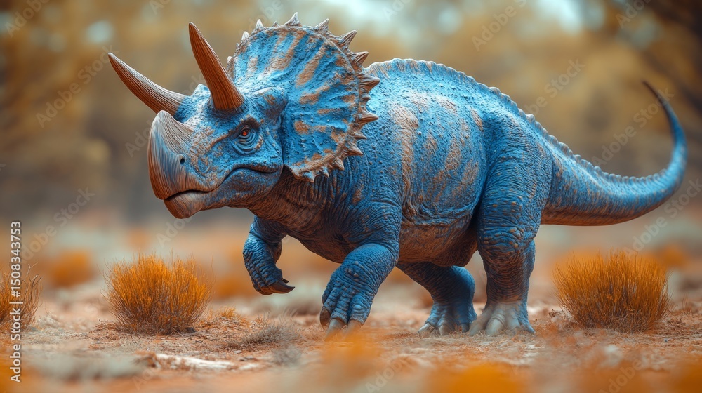 Fototapeta premium A triceratops moves gracefully through a lush, ancient terrain, surrounded by vivid foliage and glowing skies