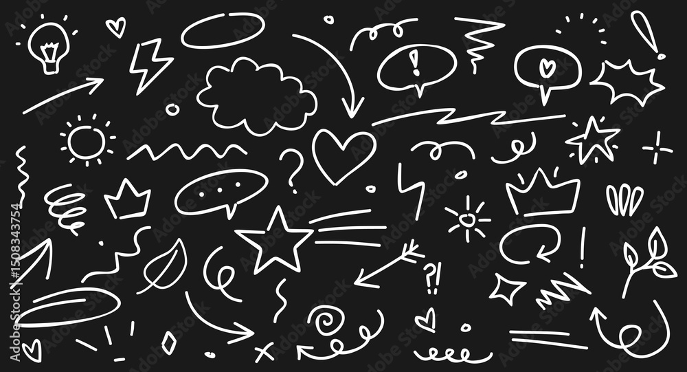 Hand-drawn marker line elements set. Brush arrows, sketch pencil strokes, pen underlines, and scribble icons. Includes doodle-style hearts, crowns, and stars. Vector illustration. Hand-drawn marker line elements set. Brush arrows, sketch pencil strokes, pen underlines, and scribble icons. Includes doodle-style hearts, crowns, and stars. Vector illustration.