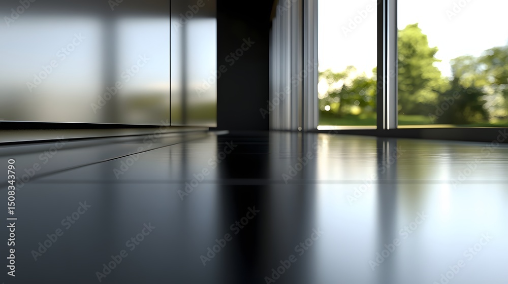 Fototapeta premium Modern interior space with reflective floor and windows.