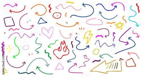 Colorful hand-drawn marker line elements set. Brush arrows, sketch pencil strokes, pen underlines, and scribble icons. Includes doodle-style hearts, crowns, and stars. Vector illustration.